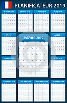 French Planner blank for 2019. Scheduler, agenda or diary template. Week starts on Monday