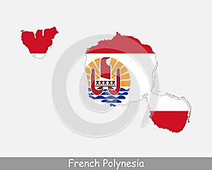 French Polynesia Map Flag. Map of French Polynesia with flag isolated on white background. Overseas country and collectivity of Fr