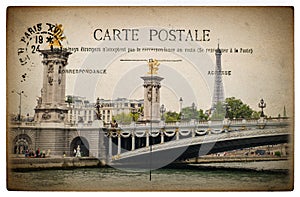 French postcard from Paris with landmark bridge Pont Alexandre