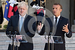 Paris, FRANCE - 22th august 2019 : Boris Johson with Emmanuel Macron at ElysÃÂ©e Palace