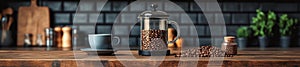 French Press and Coffee Beans on a Rustic Kitchen Countertop
