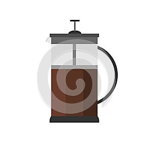 French press coffee maker flat design vector illustration isolated on white background. Coffee brewing method