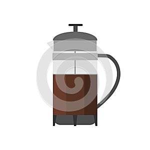 French press coffee maker flat design vector illustration isolated on white background. Coffee brewing method