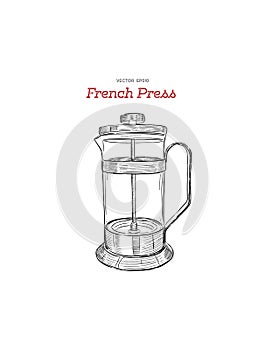 French-press. coffee maker hand draw vector.