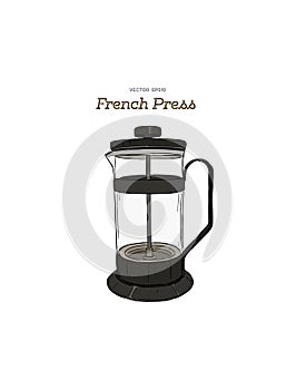 French-press. coffee maker hand draw vector.
