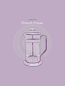 French-press. coffee maker hand draw vector.