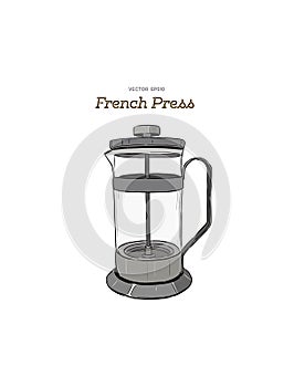 French-press. coffee maker hand draw vector.