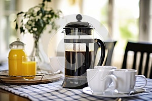 a french press coffee maker on a morning table setting