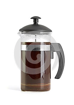 French press coffee maker on white background
