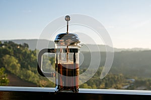 French press coffee pot  with mountain view