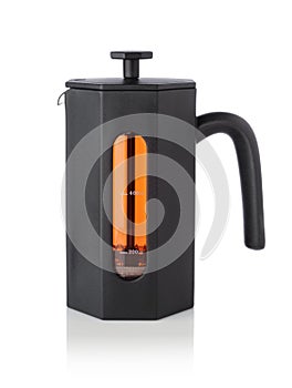 French press full of black tea isolated