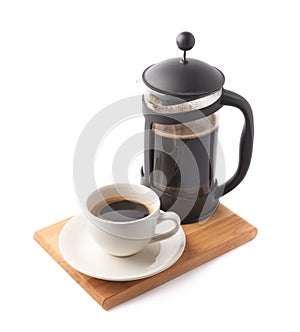 French press pot and cup of coffee