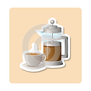 French Press sticker illustration. Cup, saucer, coffee, utensil, steam. Editable vector graphic design.