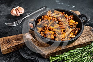 French roasted chanterelle mushrooms with onions and thyme in a pan. Black background. Top view