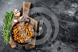 French roasted chanterelle mushrooms with onions and thyme in a pan. Black background. Top view. Copy space