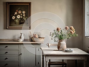 French rural cottage style kitchen filled with natural light and antique wooden finishes. Natural finishes for comfortable family photo