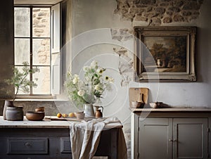 French rural cottage style kitchen filled with natural light and antique wooden finishes. Natural finishes for comfortable family