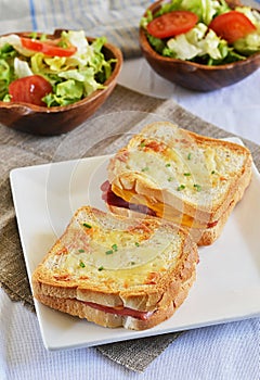 French sandwich croque-monsieur with green salad