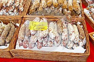 French sausages food with cognac and pheasant meat, street market, Amsterdam