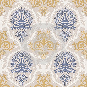 French shabby chic damask vector texture background. Antique white yellow blue flourish seamless pattern. Hand drawn