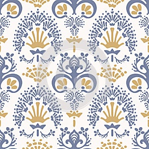 French shabby chic damask vector texture background. Antique white yellow blue flourish seamless pattern. Hand drawn