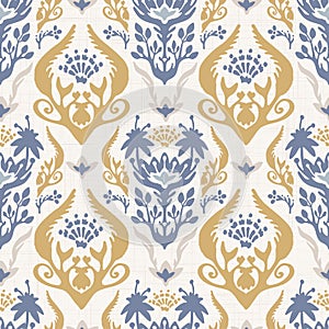 French shabby chic damask vector texture background. Antique white yellow blue flourish seamless pattern. Hand drawn