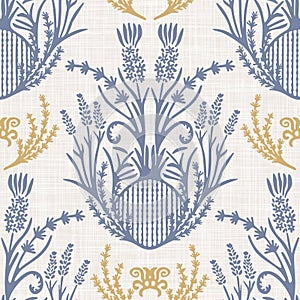 French shabby chic lavender damask vector texture background. Antique white yellow blue seamless pattern. Hand drawn