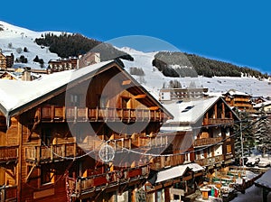 French ski resort town and slopes, France