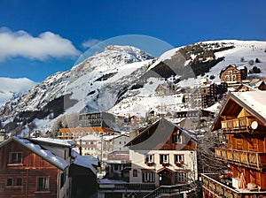 French ski resort town and slopes, France