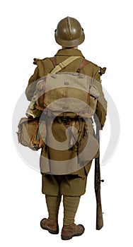 French soldier in 1940`s uniform, back view