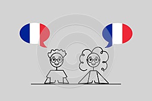 french speakers, cartoon boy and girl with speech bubbles in France flag colors, learning francais language vector illustration