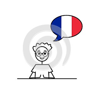 french speaking cartoon boy with speech bubble in flag of France colors, male character learning francais language