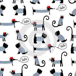 French style animals seamless pattern. Cute cartoon parisian dachshund, cat and scottish terrier vector illustration. photo