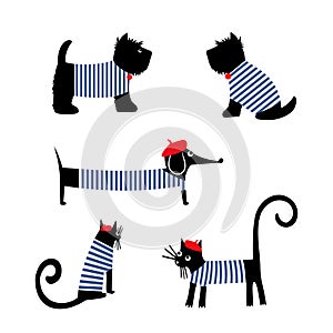 French style animals set. Cute cartoon parisian dachshund, cat and scottish terrier vector illustration.