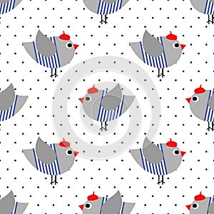 French style birdie seamless pattern on polka dots background. Cartoon parisian bird vector illustration. photo