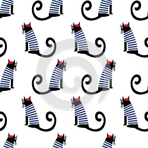 French style cat seamless pattern. Cute cartoon sitting parisian cat vector illustration. photo
