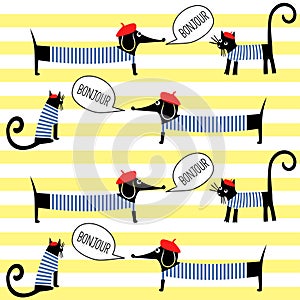 French style cats and dogs saying bonjour seamless pattern on striped background.