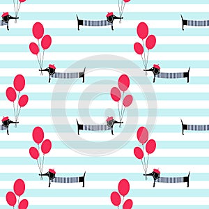 French style dog holding balloons seamless pattern on striped background.
