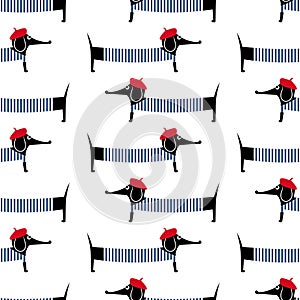 French style dog seamless pattern. Cute cartoon parisian dachshund vector illustration.