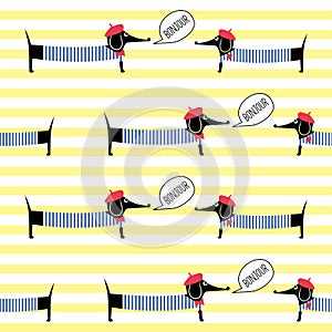 French style dogs saying bonjour seamless pattern on striped background.