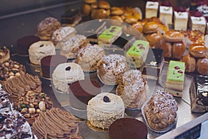 French sweet desserts in patisserie bakery, pastry cakes