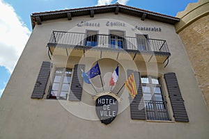 French text hotel de ville and liberte egalite fraternite means town hall and freedom equality fraternity on city hall facade in