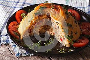 French timbale of pasta stuffed with chicken and vegetables clos
