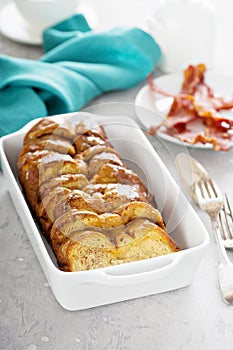 French toast bake in a white dish