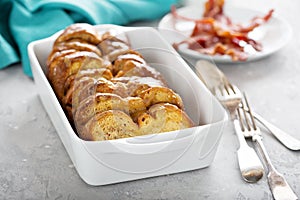 French toast bake in a white dish