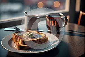 French toast with butter and cup of coffee on wooden table in cafe