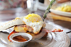 French Toast Eggs and Bacon Breakfast Brekkie Stack