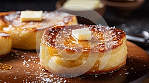 A French toast English muffin is a muffin dipped in sweet batter, topped with syrup, sugar or fruit