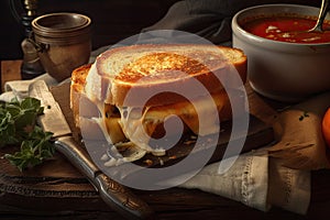 French toast sandwich with cheese and tomato sauce on a wooden background