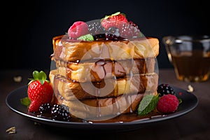 french toast topped with syrup and fresh fruit. AI Generated